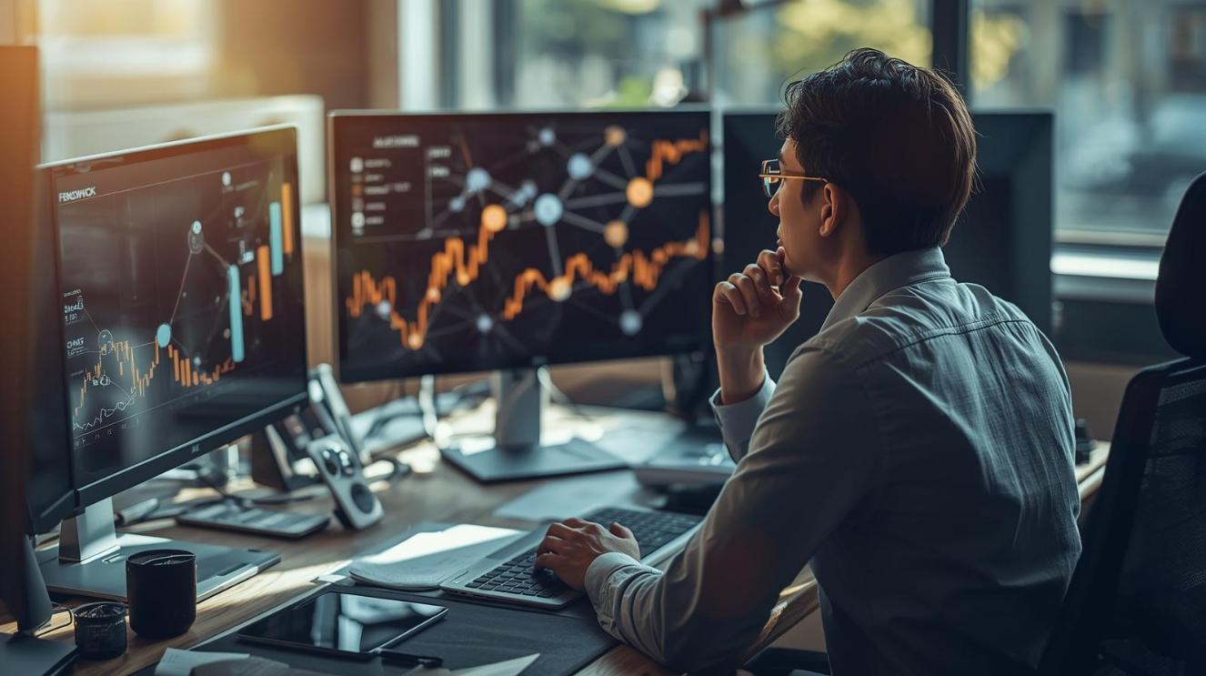 Financial analyst studying interconnected corporate networks on screens inside bright modern office.